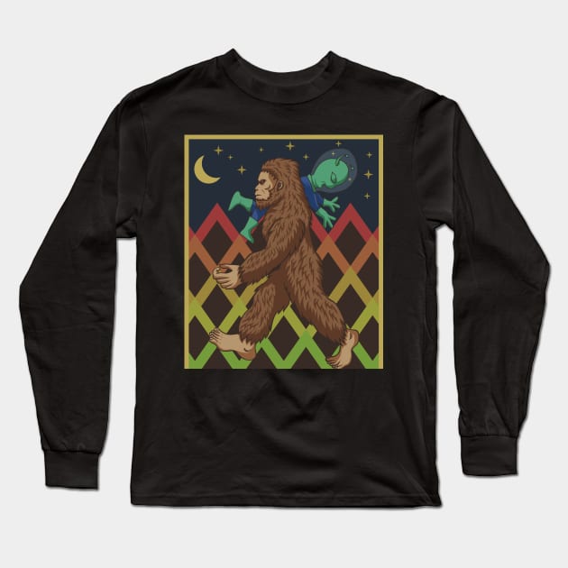 Bigfoot and Alien Long Sleeve T-Shirt by Mako Design 